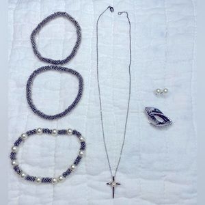 1 Silver Cross Necklace w/Pearl, 3 Silver Bracelets, 2 sets of Earrings. Vintage